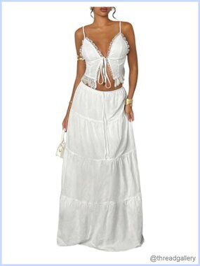 Women's 2 Piece Set Tie Front Camisole Top Tiered Maxi Skirt Outfit